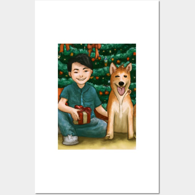 A boy and his Shiba Inu dog on Christmas morning Wall Art by JohnCorney